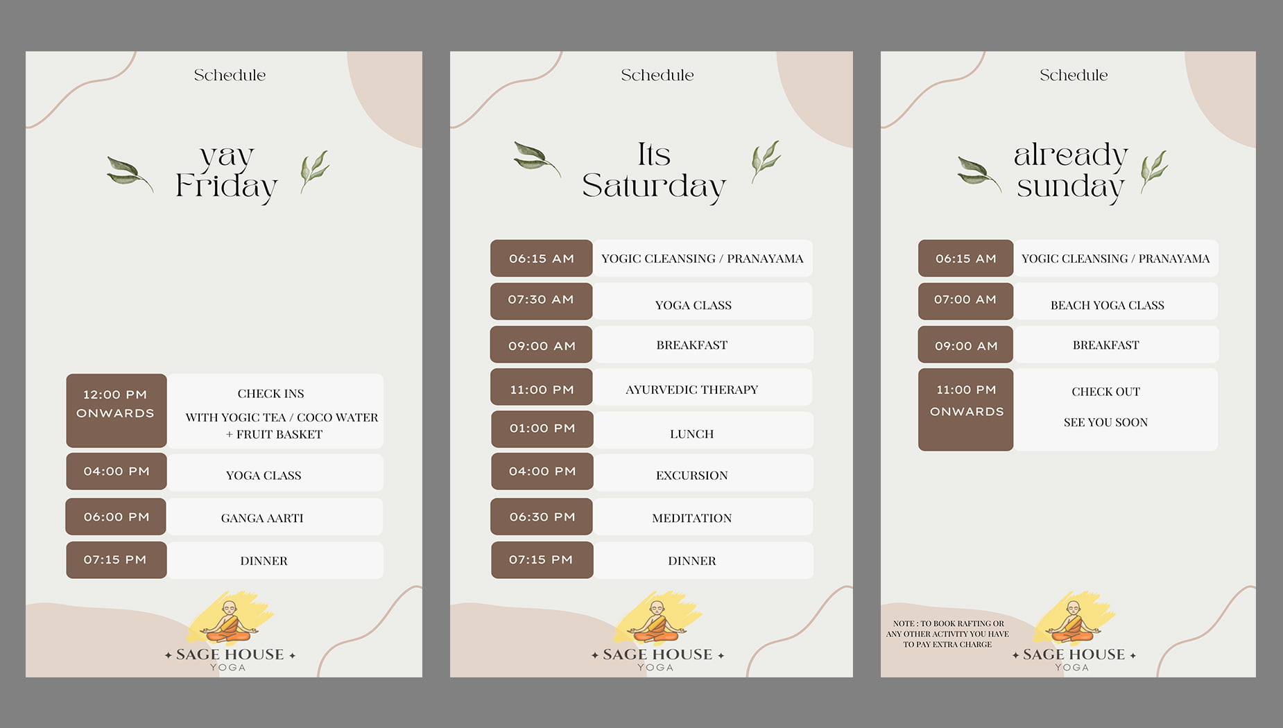 Soulful weekend yoga retreat Schedule at Sage House Yoga: Dive into rejuvenating sessions, meditation, nature walks, and nourishing meals.